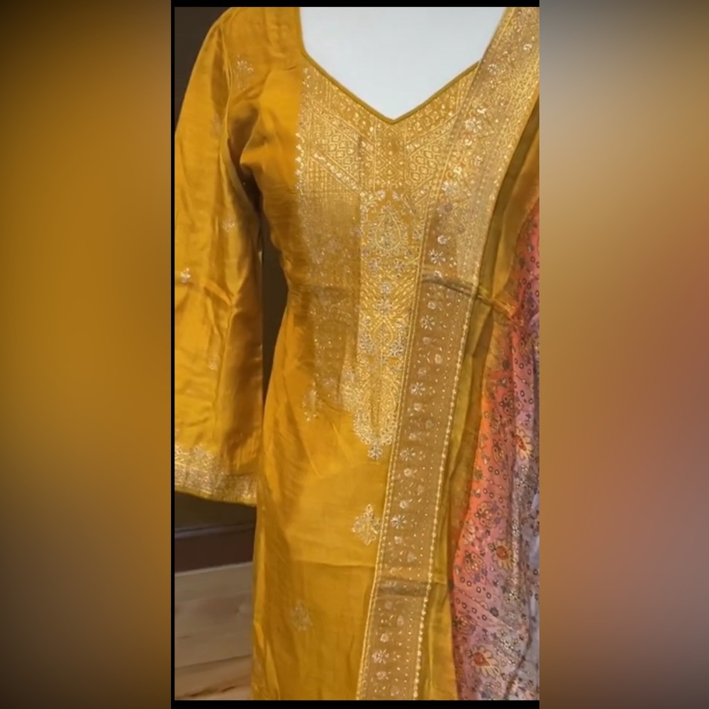 Golden Embroidered - 3 Piece Suit (Colorful dupatta) Desi